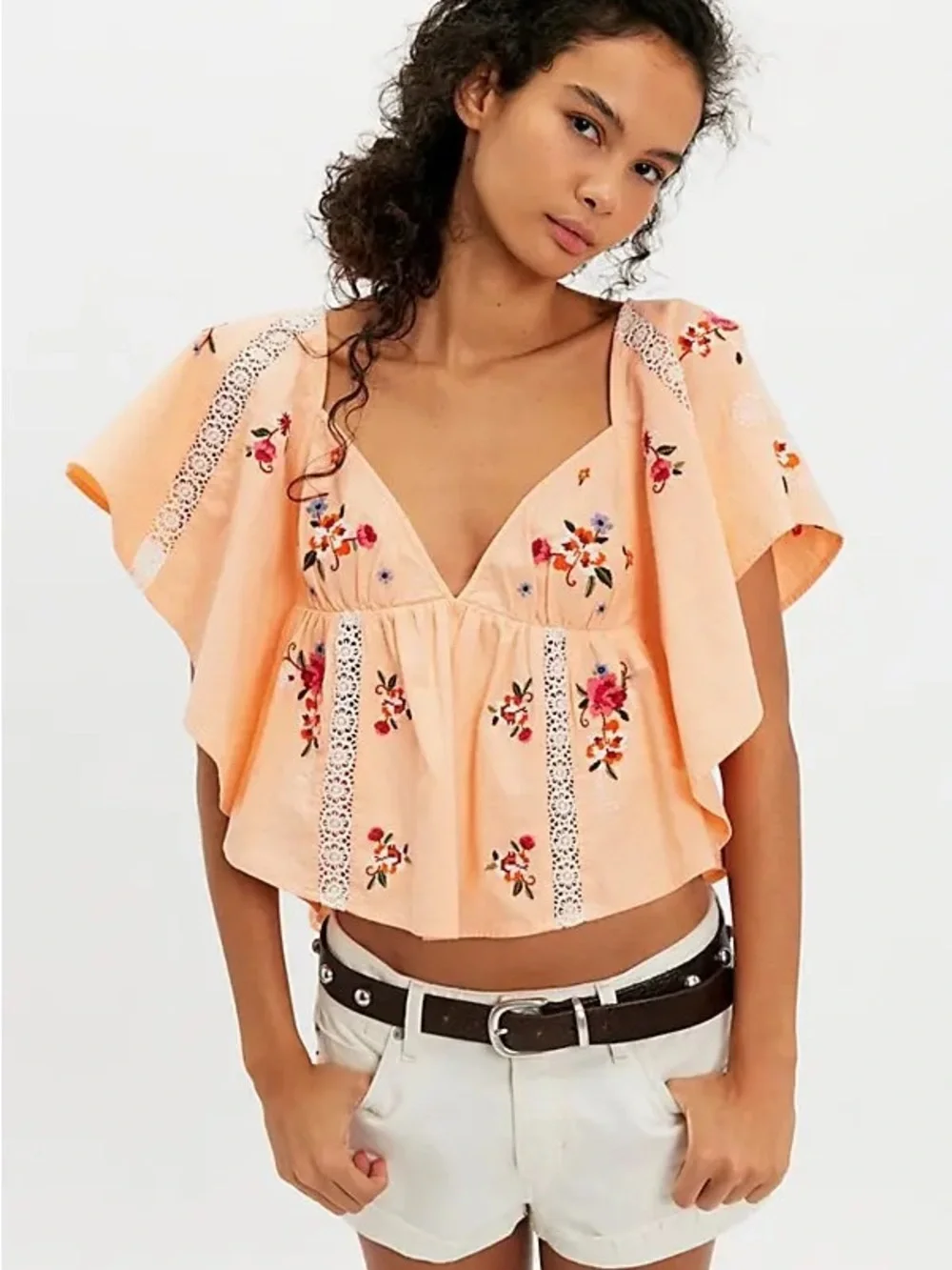 Free People Peach Embroidered V-Neck Flutter Top